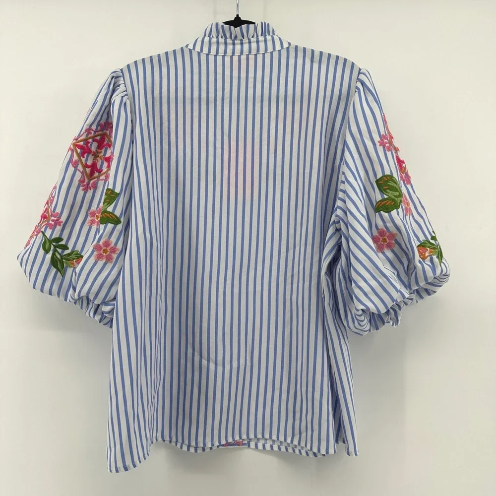 THML Blue & White Striped Embroidered Peasant Blouse with Pink Floral Accents